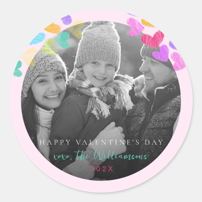 Happy Valentines Day Cute Pastel Hearts Photo Classic Round Sticker (Front)