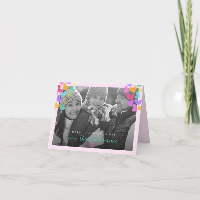 Happy Valentines Day Cute Pastel Hearts Photo Holiday Card (Front)