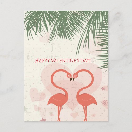 Happy Valentines Day Cute Pink Flamingo Palm Tree Holiday Postcard