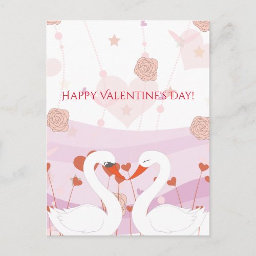 Happy Valentines Day Cute Romantic Swans Roses Holiday Postcard