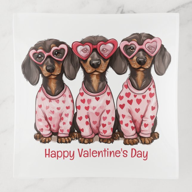 Happy Valentines Day Dachshund Dogs Trinket Tray (Front)