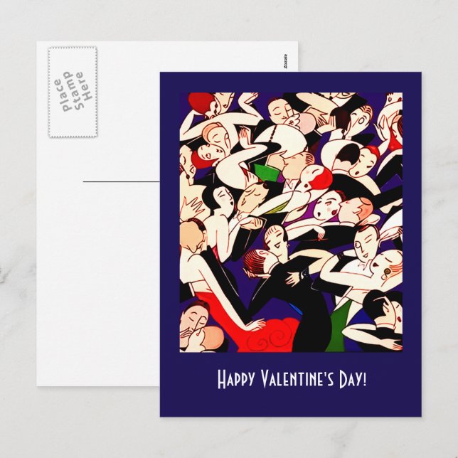 Happy Valentine's Day. Dancing Couples Art Deco Holiday Postcard (Front/Back)