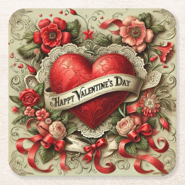 Happy Valentine's Day decorative illustration Square Paper Coaster (Front)