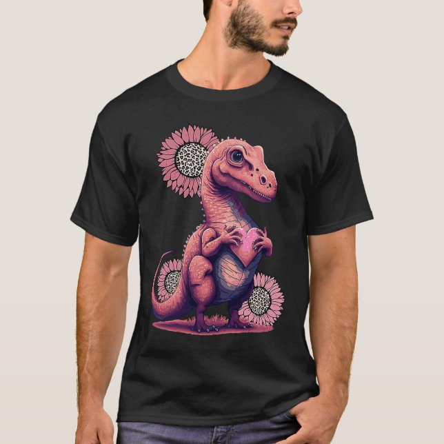 Happy Valentine's Day Dinosaur with Leopard Sunflo T-Shirt (Front)