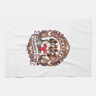 Happy Valentines Day Dog Red Heart Floral Frame_1 Kitchen Towel