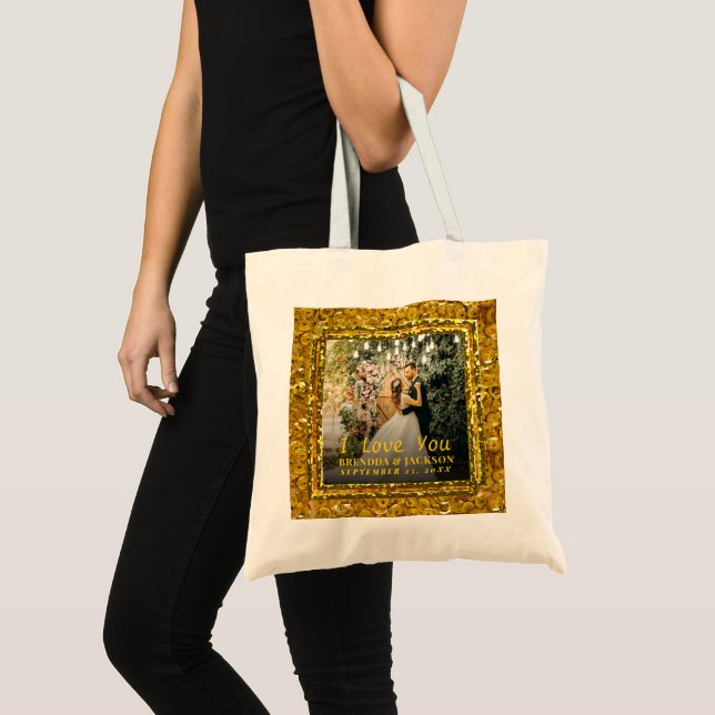 Happy Valentines Day Elegant Gold Wedding Photo  Tote Bag (Front (Product))