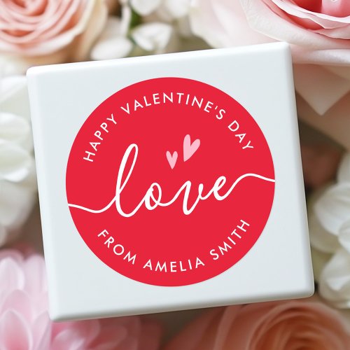 Happy Valentines Day elegant script and name red Classic Round Sticker