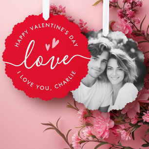 Happy Valentine's Day elegant script name photo Ornament Card