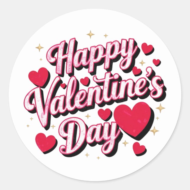 Happy Valentine's Day elegant script pink hearts   Classic Round Sticker (Front)