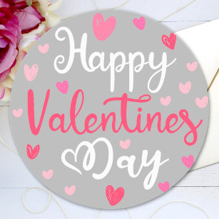 Happy Valentine's Day Elegant Script Pink Hearts Classic Round Sticker