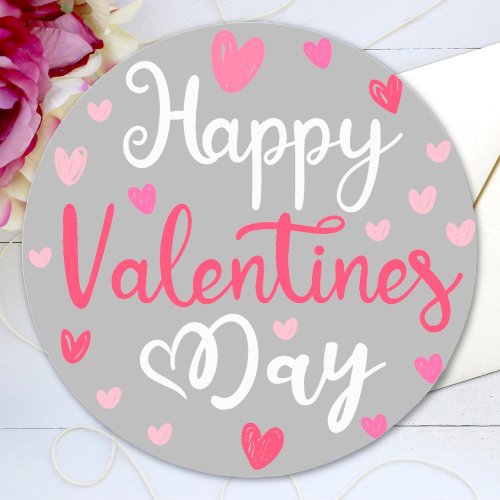 Happy Valentines Day Elegant Script Pink Hearts Classic Round Sticker
