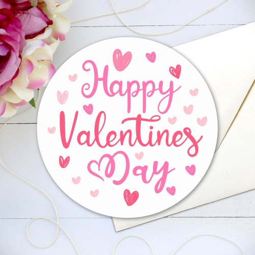 Happy Valentines Day Elegant Script Pink Hearts Classic Round Sticker