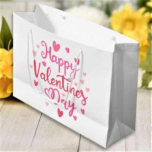 Happy Valentines Day Elegant Script Pink Hearts Large Gift Bag