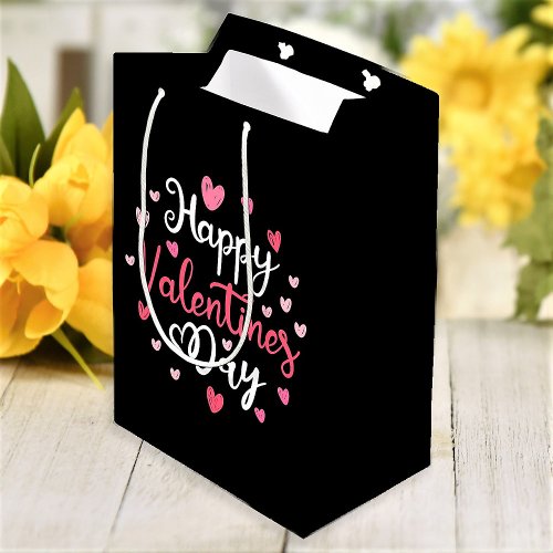 Happy Valentines Day Elegant Script Pink Hearts Medium Gift Bag