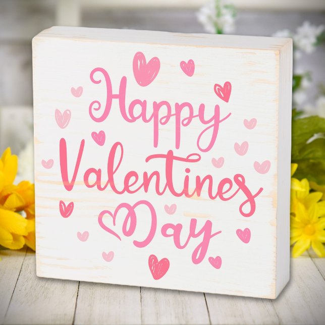 Happy Valentine's Day Elegant Script Pink Hearts Wooden Box Sign (Creator Uploaded)