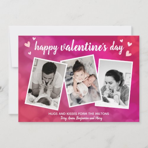 Happy Valentines Day Family 3 Photo Collage Pink Holiday Card