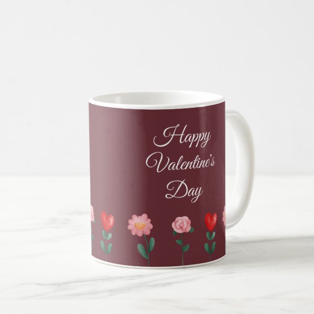 Happy Valentine's Day flowers burgundy script  Coffee Mug (Front Right)