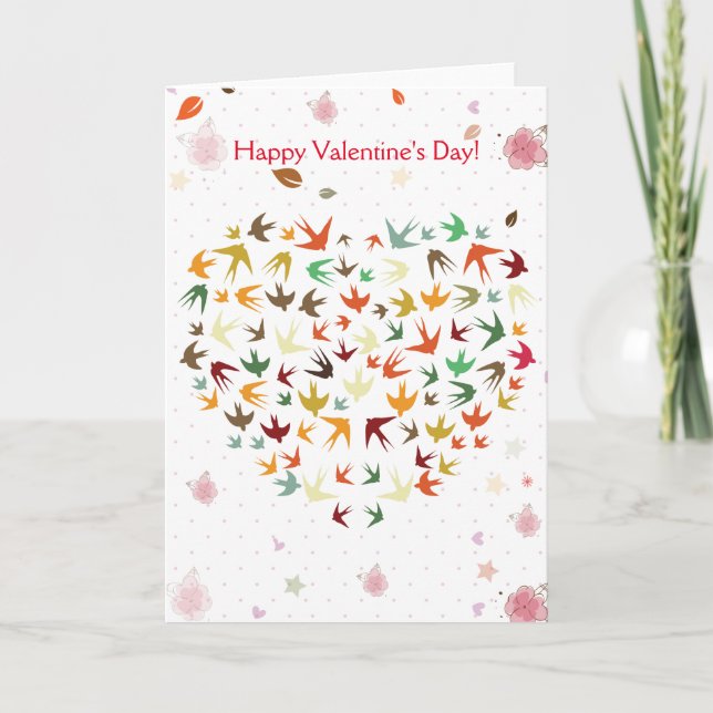 Happy Valentine's Day Flying Birds Colorful Heart Holiday Card (Front)