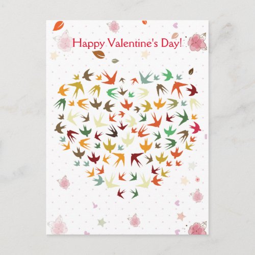 Happy Valentines Day Flying Birds Colorful Heart Holiday Postcard