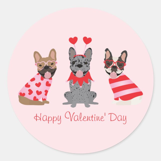 Happy Valentines Day French Bulldogs Classic Round Sticker (Front)