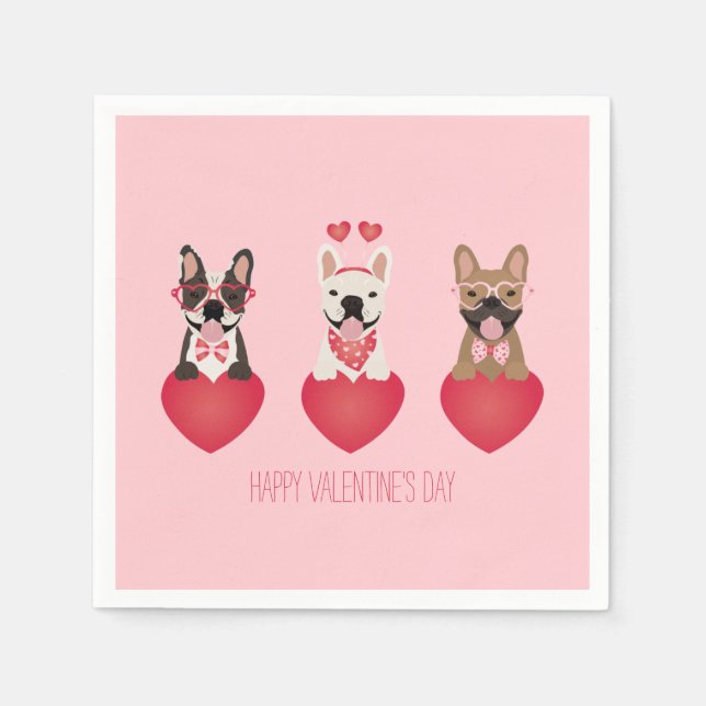Happy Valentines Day French Bulldogs Napkins (Front)