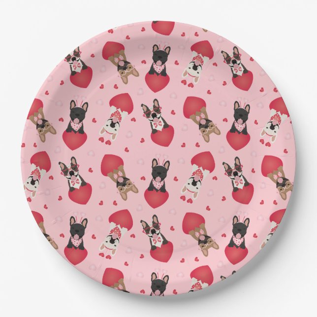 Happy Valentines Day French Bulldogs Paper Plates (Front)