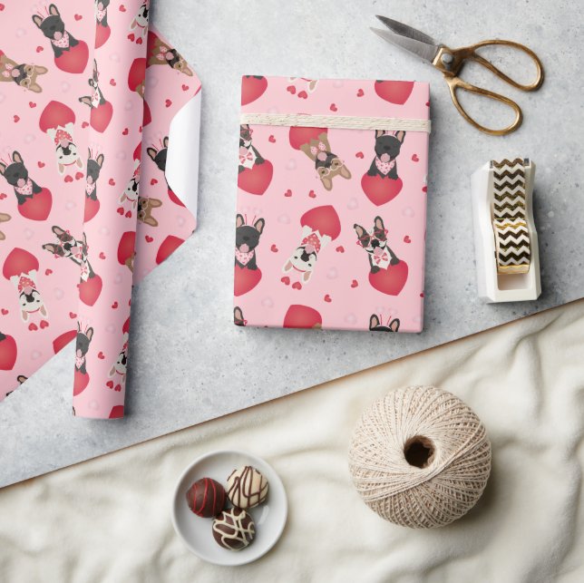 Happy Valentines Day French Bulldogs Wrapping Paper (Crafts)