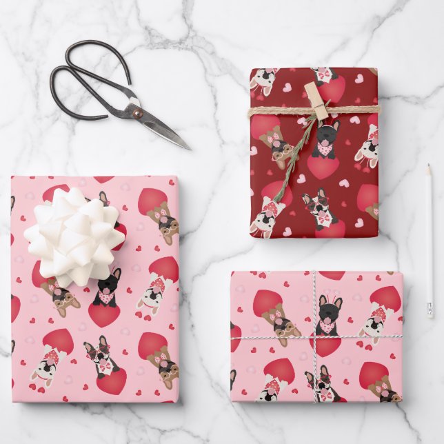 Happy Valentines Day French Bulldogs Wrapping Paper Sheets (Front)