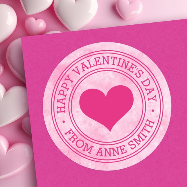 Happy Valentine's Day from custom Name pink Classic Round Sticker (Happy Valentine's Day from custom Name pink Classic Round Sticker)