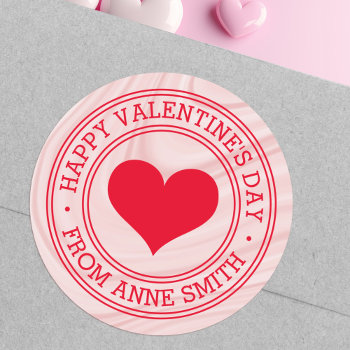 Happy Valentine's Day From Name Pink Satin Swirls Classic Round Sticker by TheStationeryShop at Zazzle