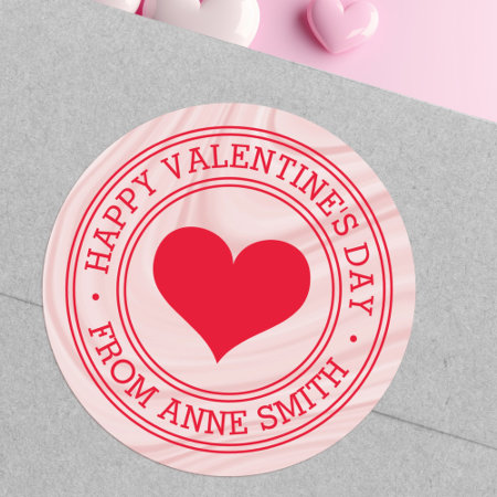 Happy Valentine's Day From Name Pink Satin Swirls Classic Round St
