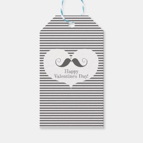 Happy Valentines Day Fun Moustache  Grey Stripes Gift Tags