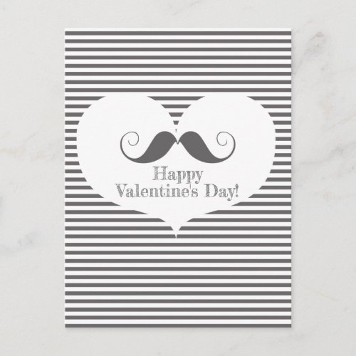 Happy Valentines Day Fun Moustache  Grey Stripes Postcard