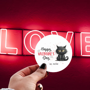 Happy Valentines Day Funny Black Cat  Classic Round Sticker