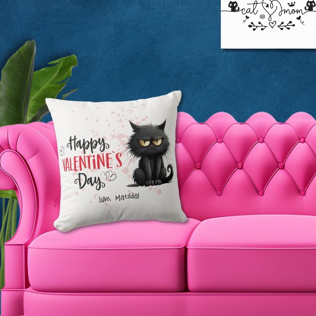 Happy Valentines Day Funny Black Cat  Throw Pillow (Creator Uploaded)