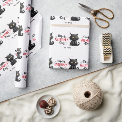 Happy Valentines Day Funny Black Cat Tile Wrapping Paper