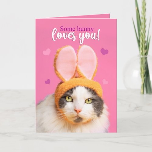 Happy Valentines Day Funny Cat in Bunny Ears Holiday Card