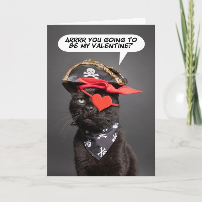 Happy Valentine's Day Funny Cat Pirate Humor  Holiday Card (Front)