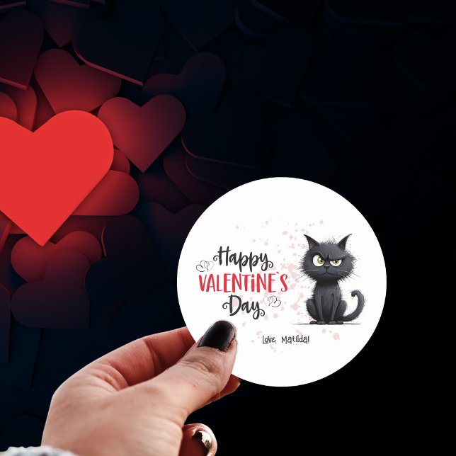Happy Valentines Day Funny Pun Black Cat  Classic Round Sticker (Creator Uploaded)