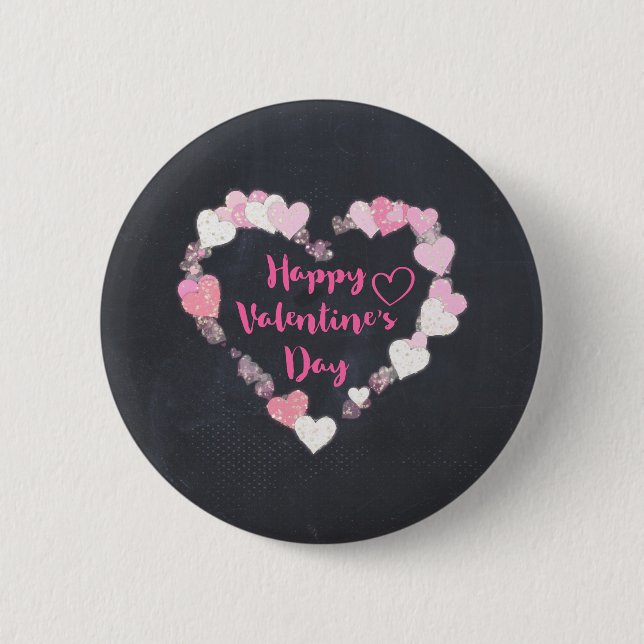Happy Valentine's Day Glittery Pink Hearts Pinback Button (Front)