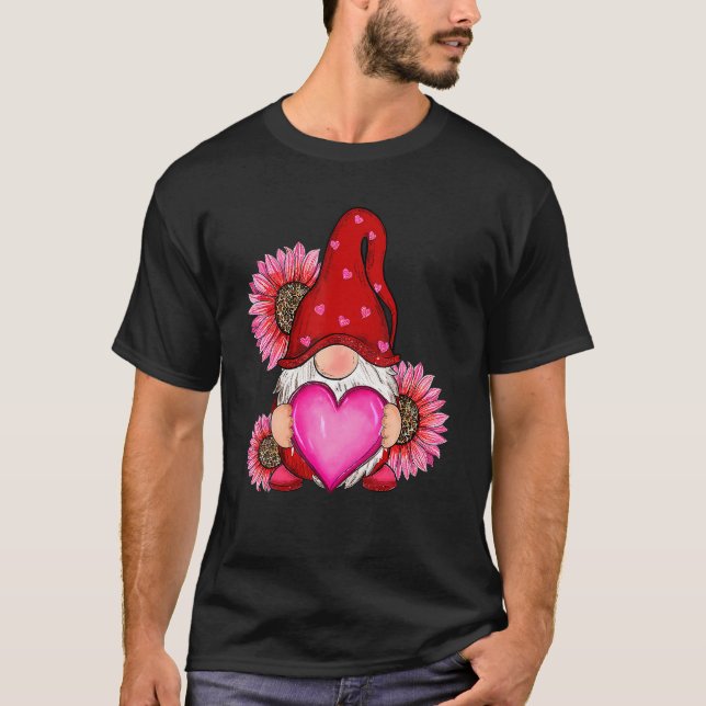 Happy Valentine's Day Gnome With Leopard Heart Sun T-Shirt (Front)