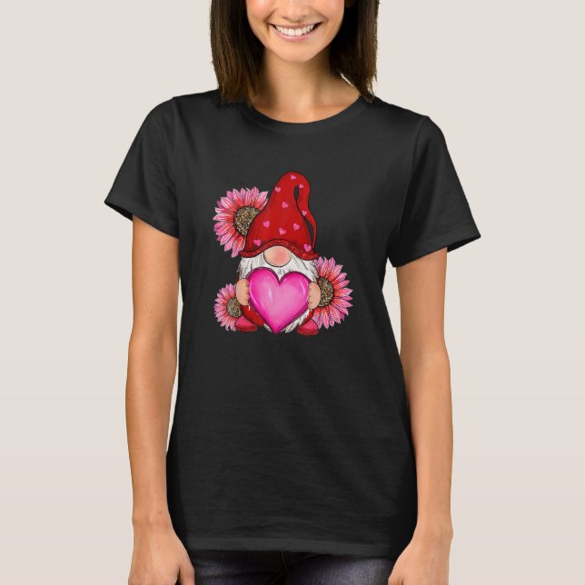 Happy Valentine's Day Gnome With Leopard Sunflower T-Shirt (Front)