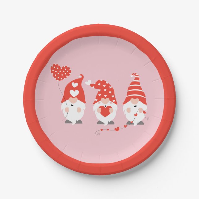 Happy Valentines Day Gnomes Red Paper Plates (Front)