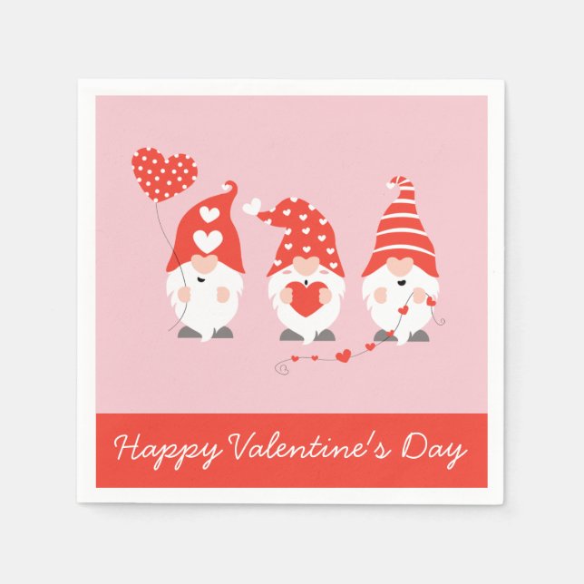 Happy Valentines Day Gnomes Red Pink  Napkins (Front)
