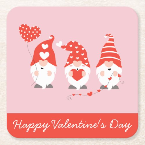 Happy Valentines Day Gnomes Red Pink Square Paper Coaster