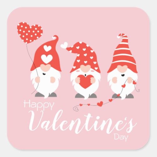 Happy Valentines Day Gnomes Red Pink Square Sticker