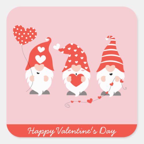 Happy Valentines Day Gnomes Red Pink Square Sticker