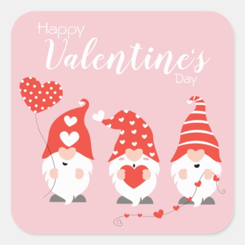 Happy Valentines Day Gnomes Red Pink Square Sticker