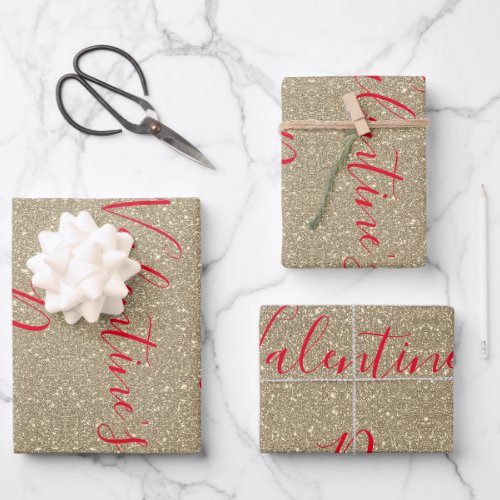 Happy Valentines Day Gold Glitter Red Golden Cute Wrapping Paper Sheets