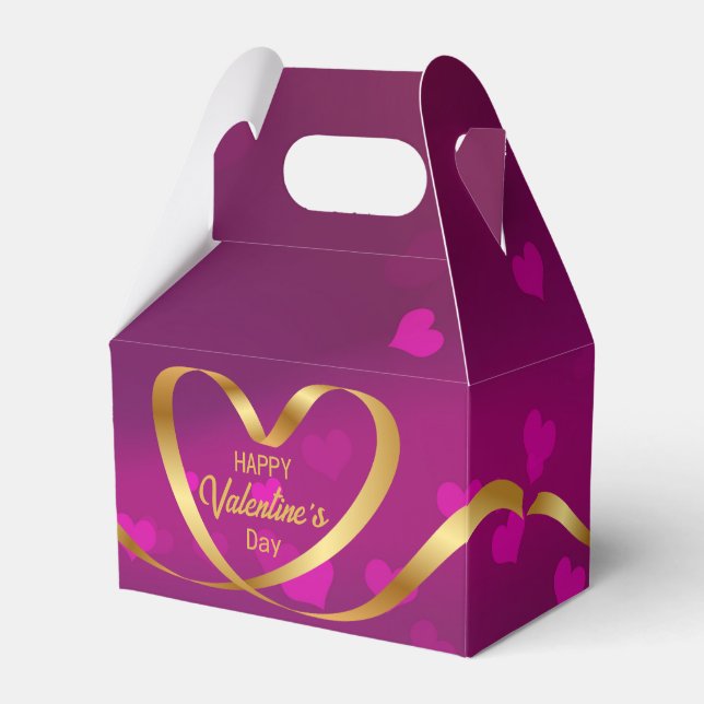 Happy Valentine's Day Gold Heart Ribbon Purple Favor Boxes (Front Side)